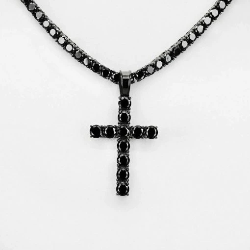 Tennis Chain W. Cross Solid Real 925 Sterling Silver 4mm Black Diamonds 1 Row -Harlem Bling Shop harlembling tennis chain w cross solid real 925 sterling silver 4mm black diamonds 1 row 93485.1664391082