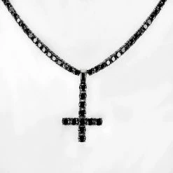 Tennis Chain W. Upside Down Cross Solid Real 925 Silver 4mm Black Diamonds 1 Row