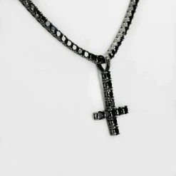 Tennis Chain W. Upside Down Cross Solid Real 925 Silver 4mm Black Diamonds 1 Row -Harlem Bling Shop harlembling tennis chain w upside down cross solid real 925 silver 4mm black diamonds 1 row 23004.1664399242