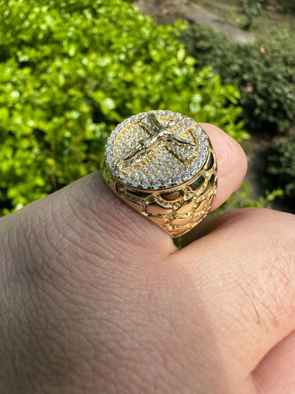 VVS Moissanite Nugget Ring Jesus On Cross Real 925 Silver 14K Gold Plated Iced 5 VVS Moissanite Nugget Ring Jesus On Cross Real 925 Silver 14K Gold Plated Iced - Image 3