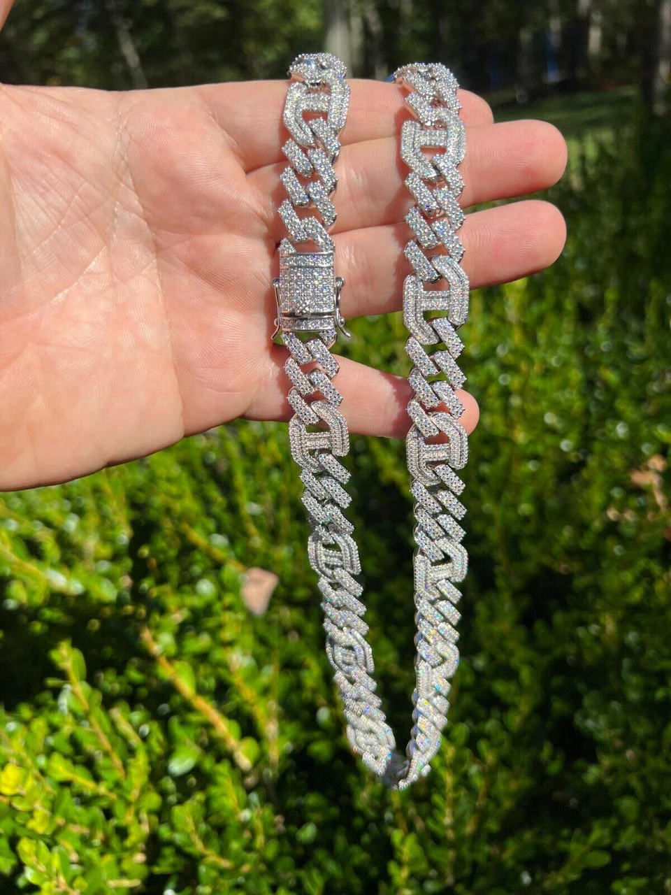 VVS MOISSANITE Solid 925 Silver Mens 15mm Figarucci Gucci Link Prong Cuban Chain 4 VVS MOISSANITE Solid 925 Silver Mens 15mm Figarucci Gucci Link Prong Cuban Chain - Image 2