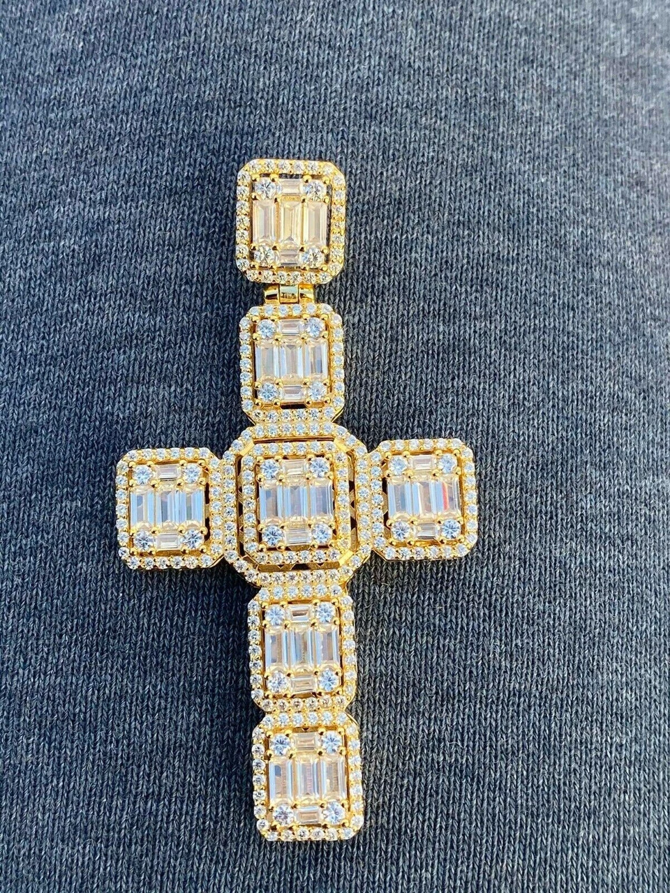 Yellow Gold Over Solid 925 Silver Men's Large Baguette Diamond Cross Necklace 2" 9 Yellow Gold Over Solid 925 Silver Men's Large Baguette Diamond Cross Necklace 2" - Image 7