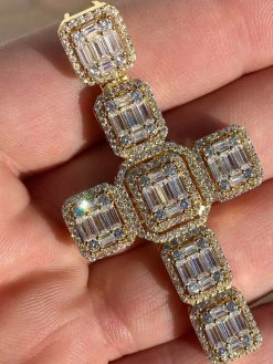 Yellow Gold Over Solid 925 Silver Men's Large Baguette Diamond Cross Necklace 2"