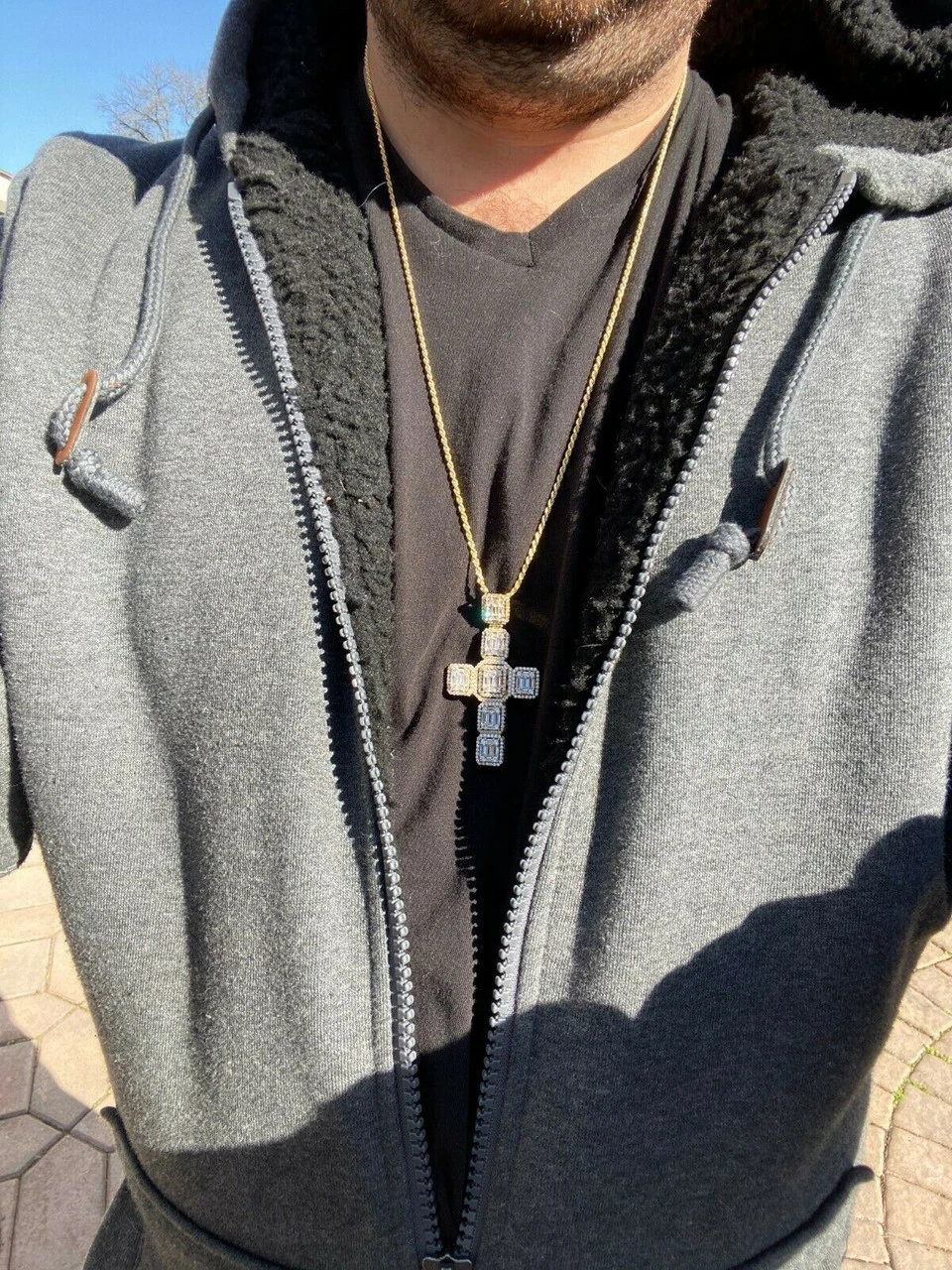 Yellow Gold Over Solid 925 Silver Men's Large Baguette Diamond Cross Necklace 2" 6 Yellow Gold Over Solid 925 Silver Men's Large Baguette Diamond Cross Necklace 2" - Image 4