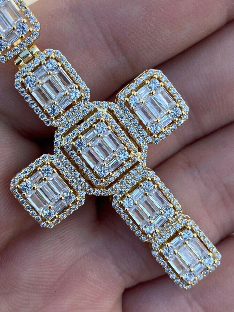 Yellow Gold Over Solid 925 Silver Men's Large Baguette Diamond Cross Necklace 2" 7 Yellow Gold Over Solid 925 Silver Men's Large Baguette Diamond Cross Necklace 2" - Image 5