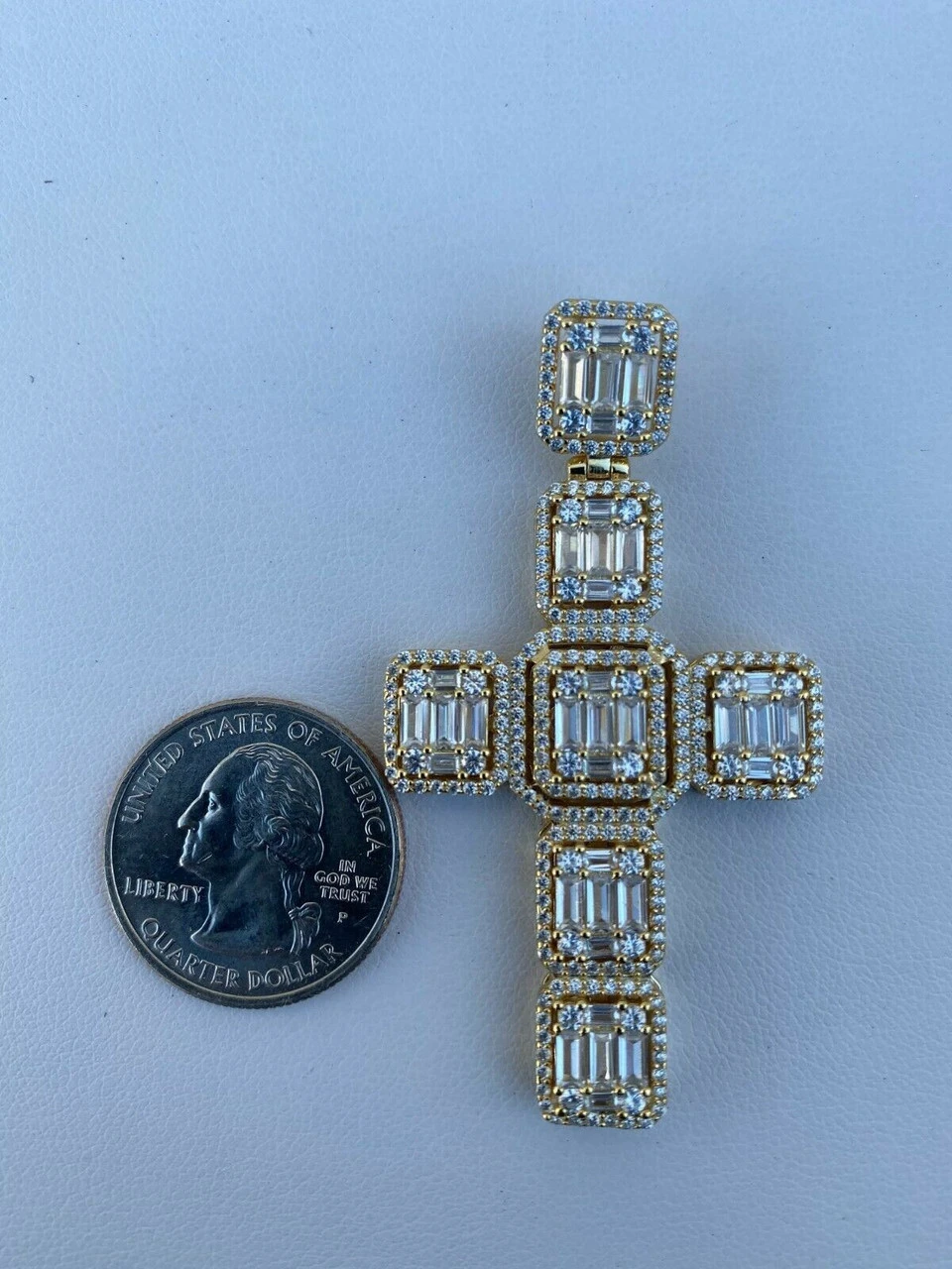 Yellow Gold Over Solid 925 Silver Men's Large Baguette Diamond Cross Necklace 2" 10 Yellow Gold Over Solid 925 Silver Men's Large Baguette Diamond Cross Necklace 2" - Image 8