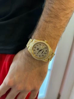 16ct MOISSANITE Mens 14k Gold Over Stainless Watch Honeycomb Iced Arabic Dial 38 16ct MOISSANITE Mens 14k Gold Over Stainless Watch Honeycomb Iced Arabic Dial -Harlem Bling Shop hip hop 16ct moissanite mens 14k gold over stainless watch honeycomb iced arabic dial 22670.1671639711