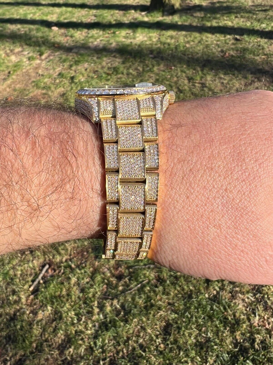 16ct MOISSANITE Mens 14k Gold Over Stainless Watch Honeycomb Iced Arabic Dial 6 16ct MOISSANITE Mens 14k Gold Over Stainless Watch Honeycomb Iced Arabic Dial - Image 4