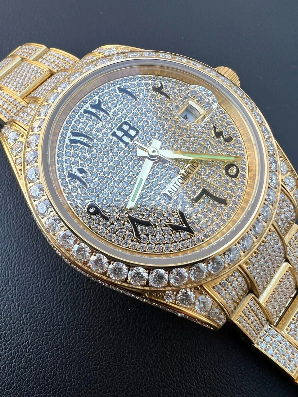 16ct MOISSANITE Mens 14k Gold Over Stainless Watch Honeycomb Iced Arabic Dial 4 16ct MOISSANITE Mens 14k Gold Over Stainless Watch Honeycomb Iced Arabic Dial - Image 2