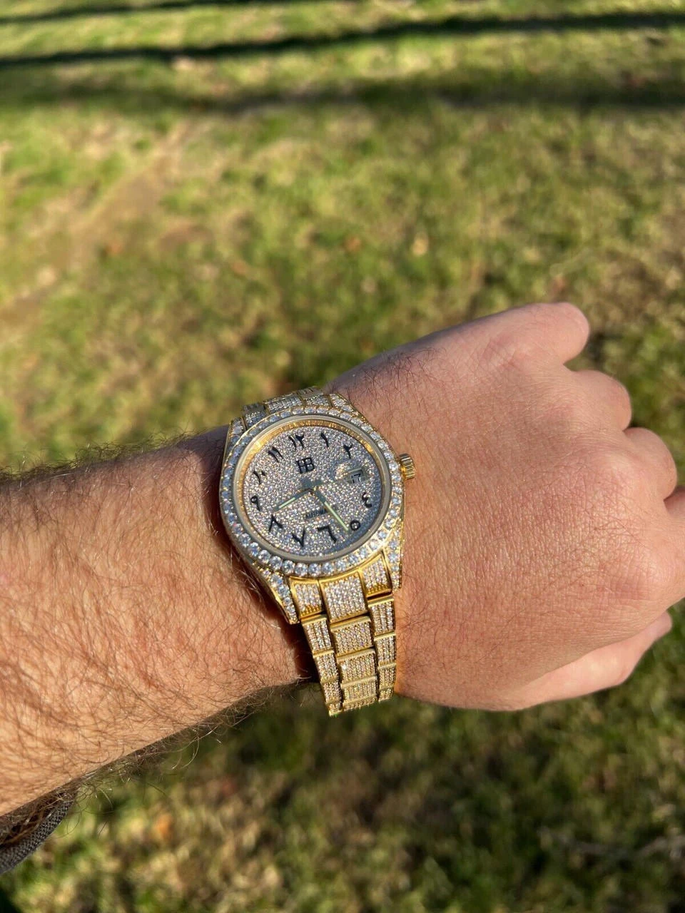 16ct MOISSANITE Mens 14k Gold Over Stainless Watch Honeycomb Iced Arabic Dial 12 16ct MOISSANITE Mens 14k Gold Over Stainless Watch Honeycomb Iced Arabic Dial - Image 10