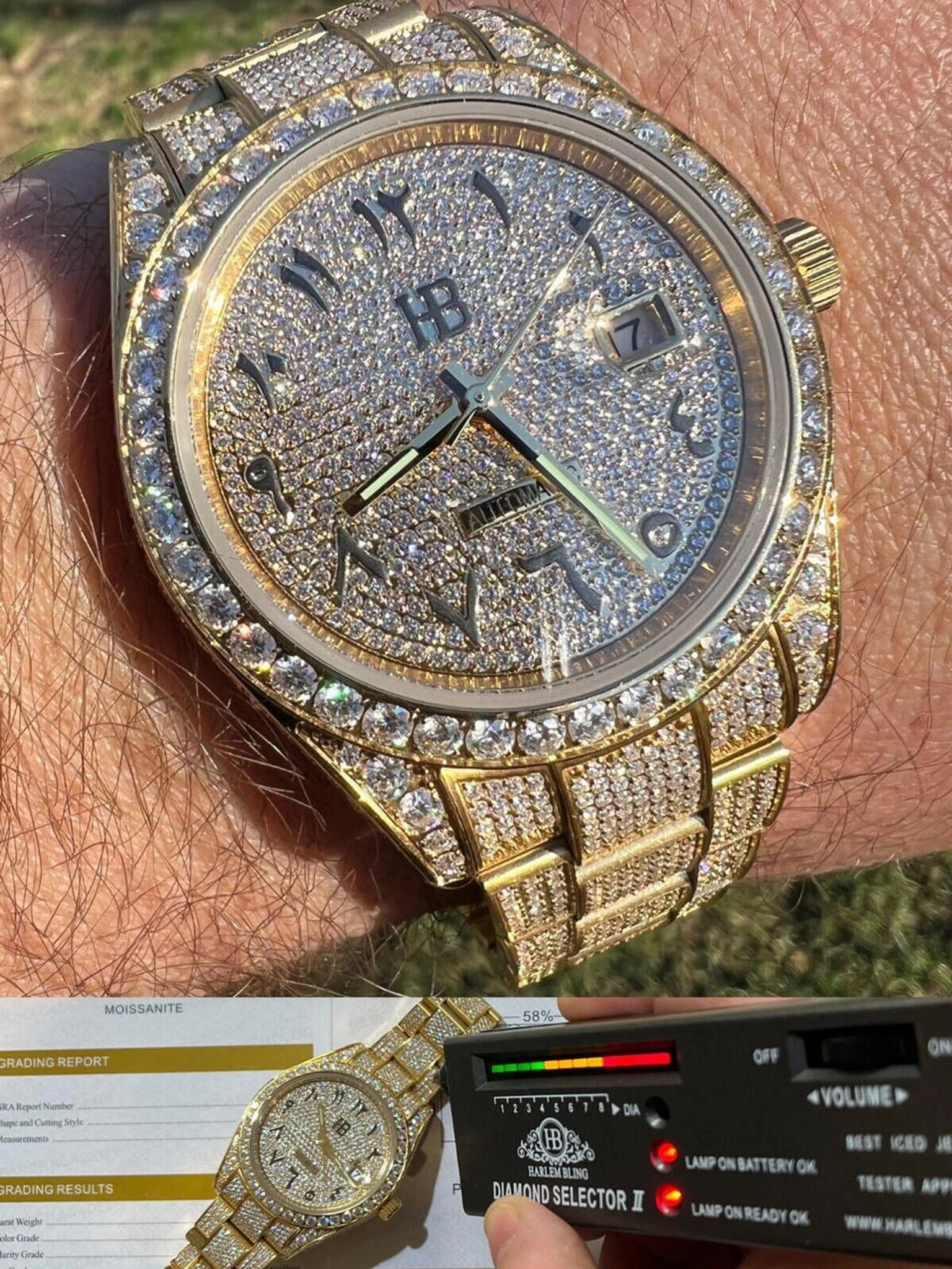 16ct MOISSANITE Mens 14k Gold Over Stainless Watch Honeycomb Iced Arabic Dial 3 16ct MOISSANITE Mens 14k Gold Over Stainless Watch Honeycomb Iced Arabic Dial