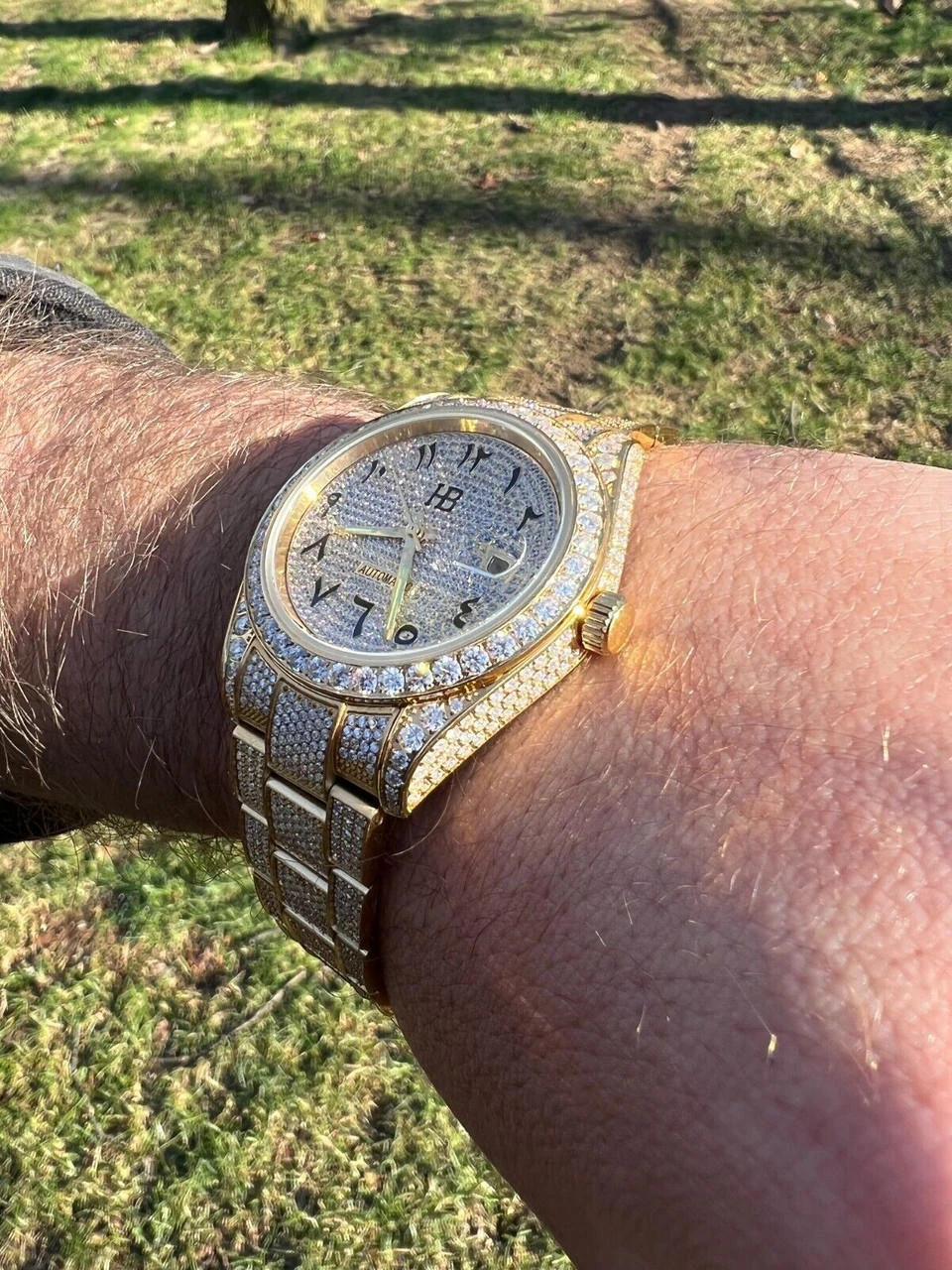 16ct MOISSANITE Mens 14k Gold Over Stainless Watch Honeycomb Iced Arabic Dial 10 16ct MOISSANITE Mens 14k Gold Over Stainless Watch Honeycomb Iced Arabic Dial - Image 8