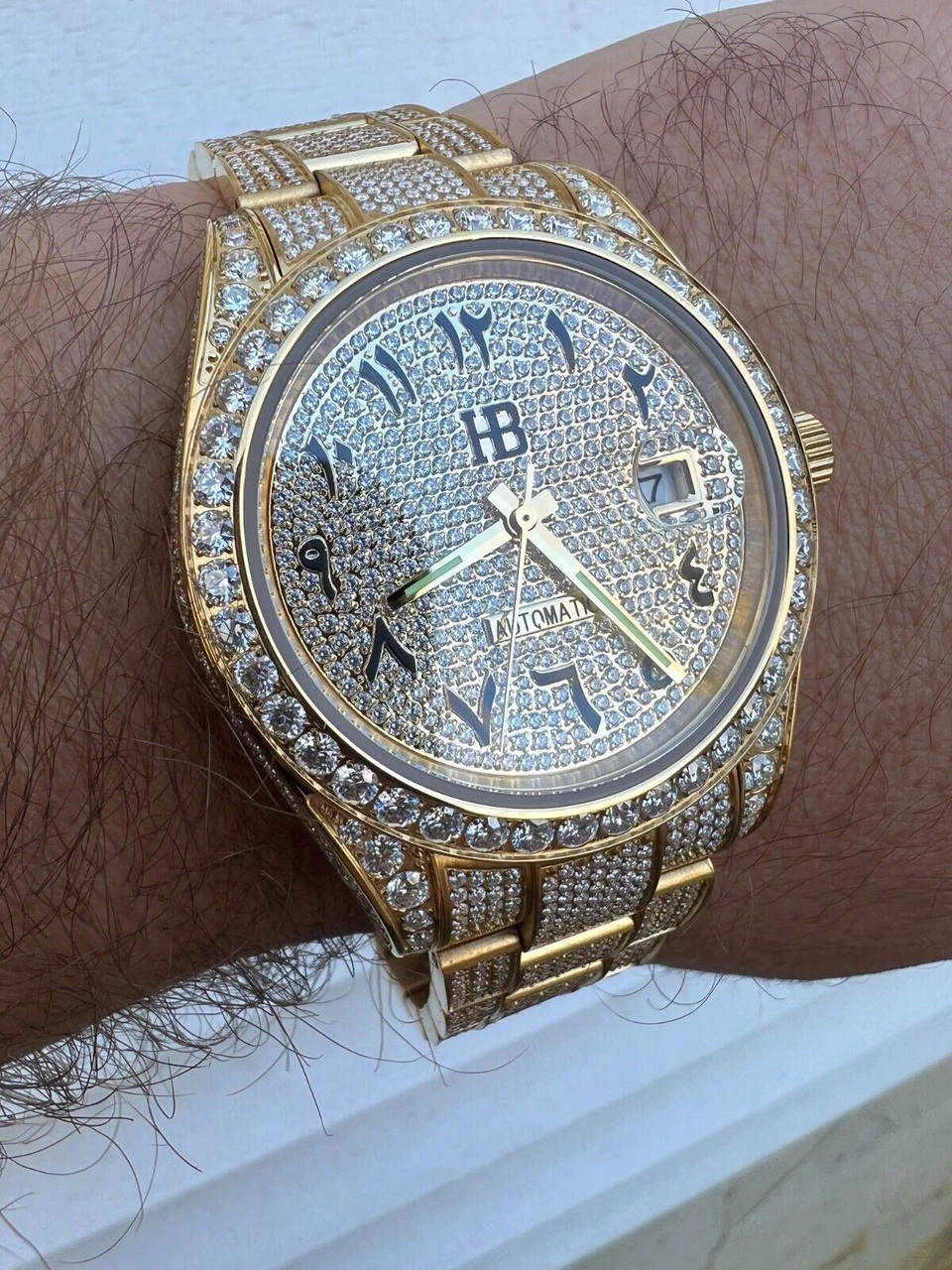 16ct MOISSANITE Mens 14k Gold Over Stainless Watch Honeycomb Iced Arabic Dial 7 16ct MOISSANITE Mens 14k Gold Over Stainless Watch Honeycomb Iced Arabic Dial - Image 5