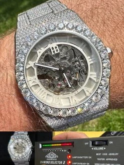 35.5ct MOISSANITE Automatic Skeleton Watch Mens Real Iced Hip Hop Passes Tester