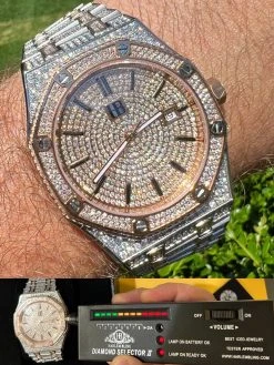 Bust Down Automatic MOISSANITE Watch Iced Two Tone Rose Gold Pass Diamond Tester