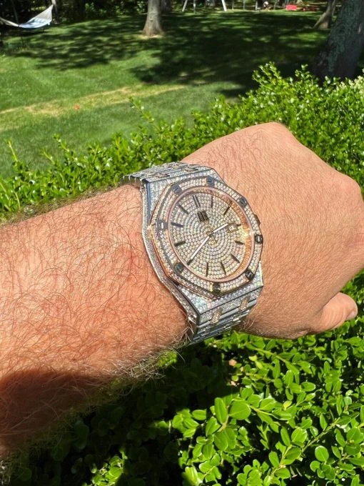 Shop Bust Down Automatic MOISSANITE Watch Iced Two Tone Rose Gold Pass