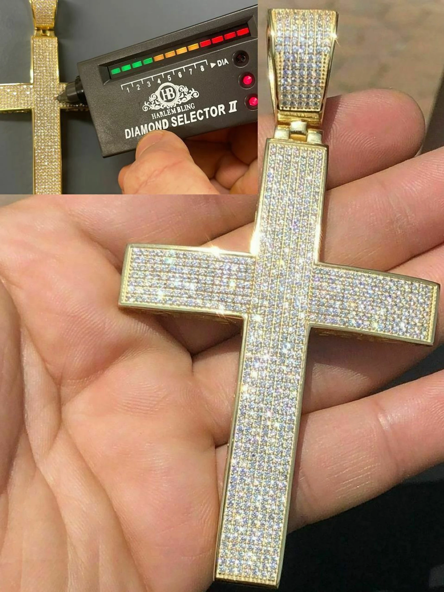 Iced 7ct Moissanite Huge 14k Gold Vermeil Cross Pendant Men's Pass Diamond Test 3 Iced 7ct Moissanite Huge 14k Gold Vermeil Cross Pendant Men's Pass Diamond Test