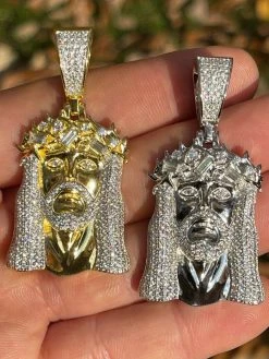 Iced Bust Down Real Solid Silver / Gold Baguette CZ Jesus Piece Pendant Necklace