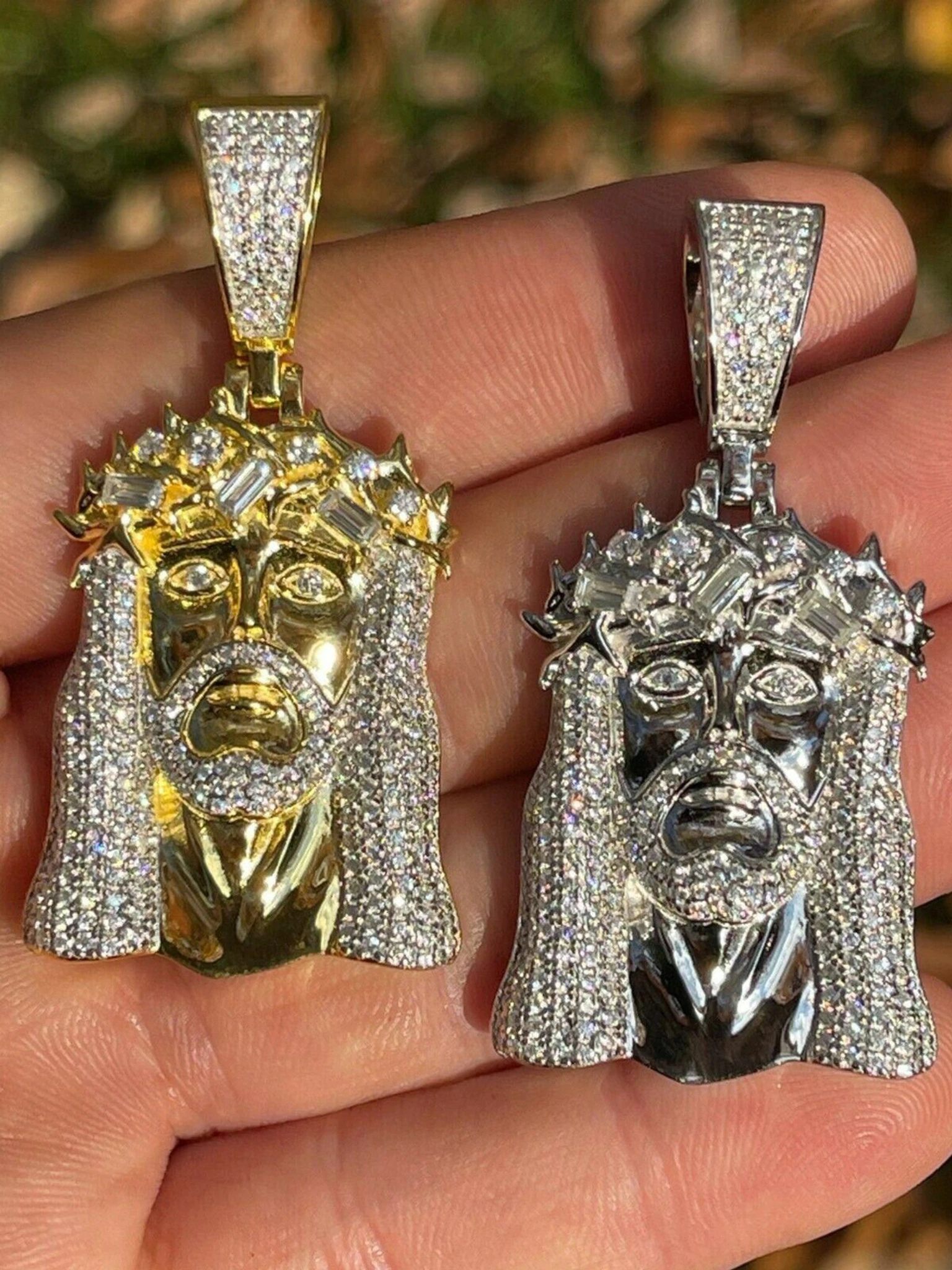 Iced Bust Down Real Solid Silver / Gold Baguette CZ Jesus Piece Pendant Necklace 3 Iced Bust Down Real Solid Silver / Gold Baguette CZ Jesus Piece Pendant Necklace
