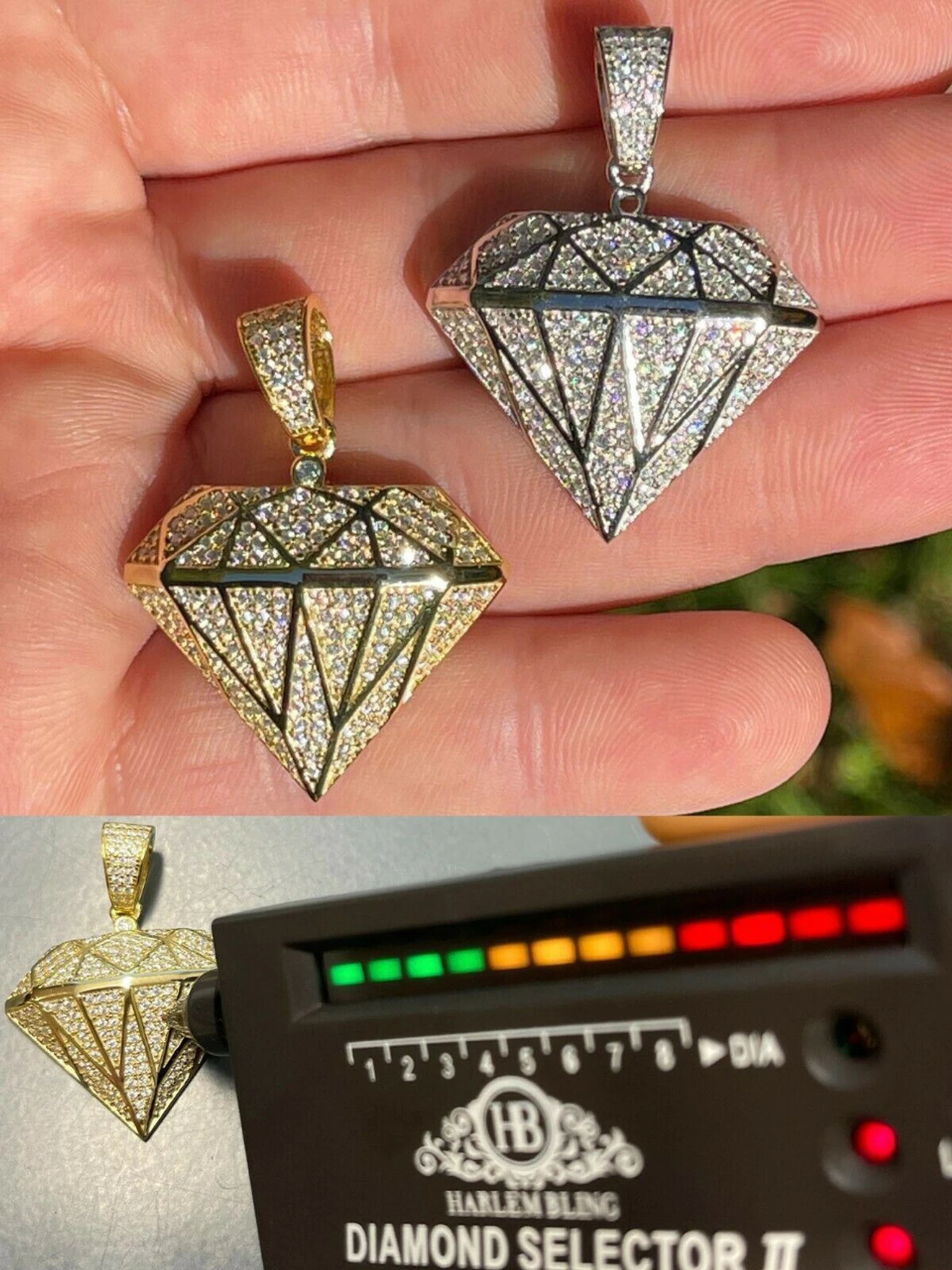 Iced Diamond Shape Bling Pendant Hip Hop Necklace 925 Silver / Gold MOISSANITE 3 Iced Diamond Shape Bling Pendant Hip Hop Necklace 925 Silver / Gold MOISSANITE