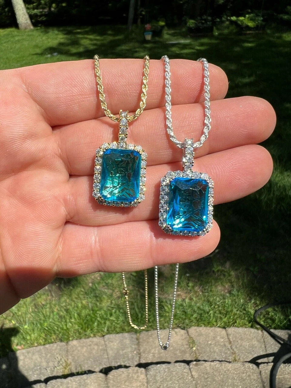 Hip Hop Iced Moissanite & Blue Stone Bling Pendant Necklace Pass Diamond Test 4 Hip Hop Iced Moissanite & Blue Stone Bling Pendant Necklace Pass Diamond Test - Image 2