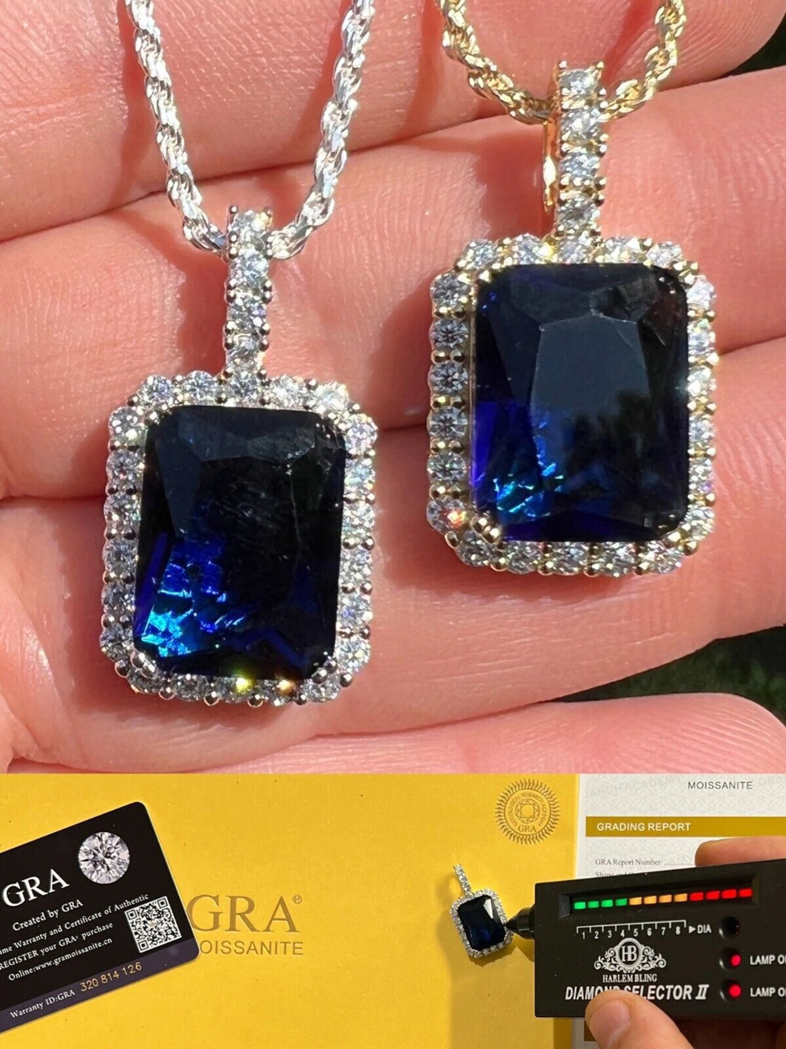 Iced Moissanite & Simulated Sapphire Stone Pendant Necklace Pass Diamond Test 3 Iced Moissanite & Simulated Sapphire Stone Pendant Necklace Pass Diamond Test