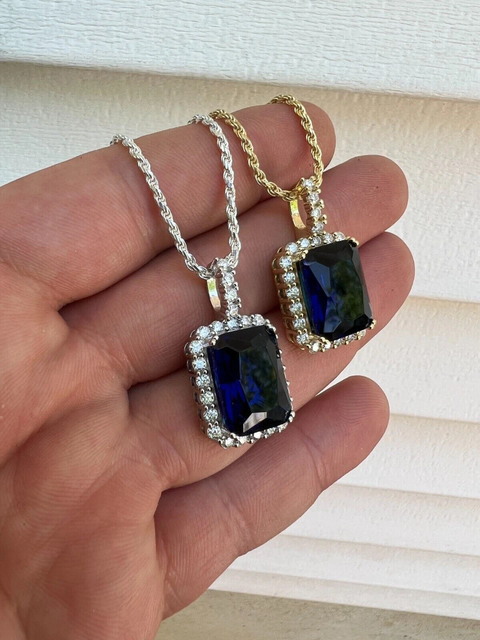 Iced Moissanite & Simulated Sapphire Stone Pendant Necklace Pass Diamond Test 13 Iced Moissanite & Simulated Sapphire Stone Pendant Necklace Pass Diamond Test - Image 11