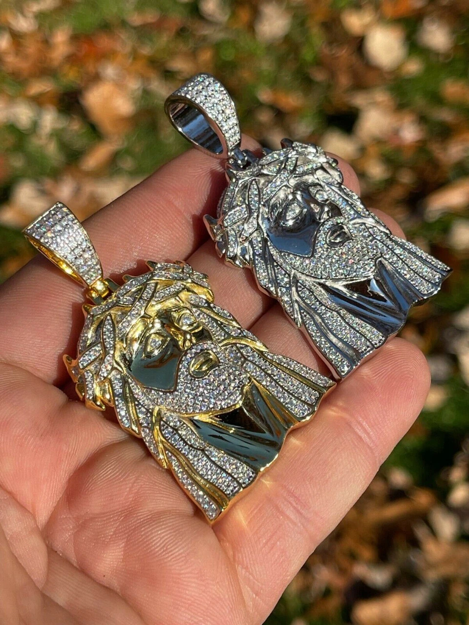 Large Real 925 Sterling Silver Gold Jesus Piece Pendant Necklace Iced Bust Down 4 Large Real 925 Sterling Silver Gold Jesus Piece Pendant Necklace Iced Bust Down - Image 2