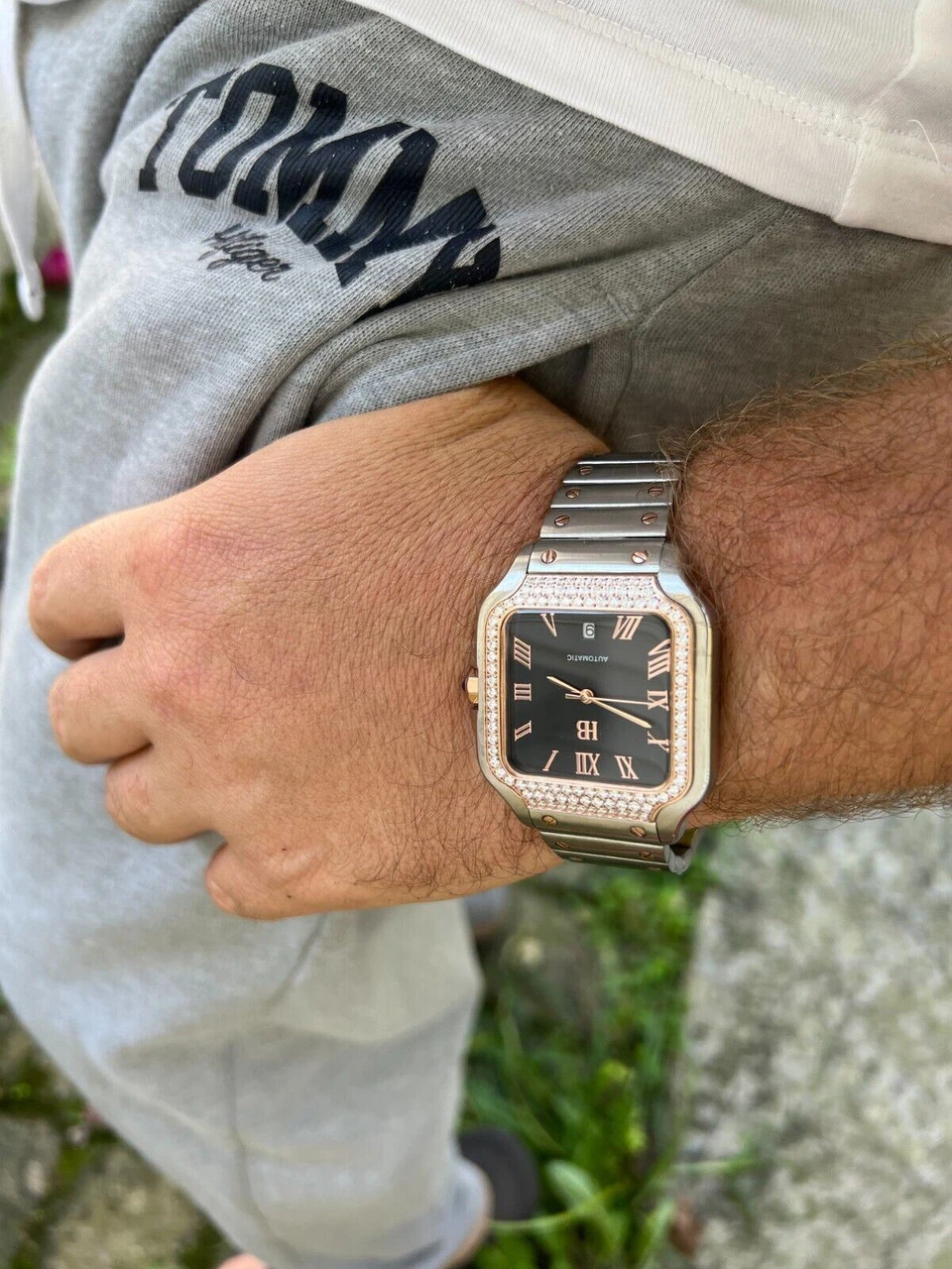 Men's 2.5ct MOISSANITE Watch Hip Hop Two Tone Rose Gold Plated Automatic Black 8 Men's 2.5ct MOISSANITE Watch Hip Hop Two Tone Rose Gold Plated Automatic Black - Image 6