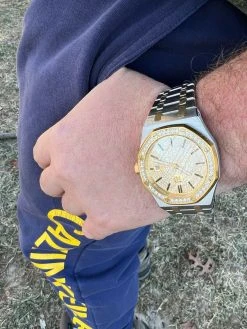 Mens Gold Watch Iced Automatic Skeleton Back Gold 44mm Moissanite Stone Bezel -Harlem Bling Shop hip hop mens gold watch iced automatic skeleton back gold 44mm moissanite stone bezel 11950.1664358007