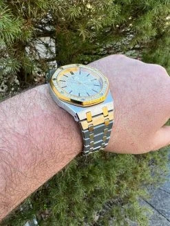 Mens Gold Watch Iced Automatic Skeleton Back Gold 44mm Moissanite Stone Bezel -Harlem Bling Shop hip hop mens gold watch iced automatic skeleton back gold 44mm moissanite stone bezel 77793.1664356085