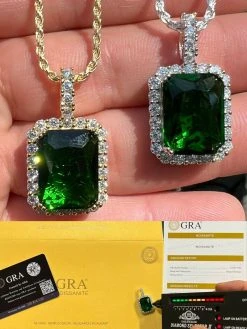 Mens Hip Hop Iced Moissanite & Green Simulated Emerald Pendant Necklace Silver