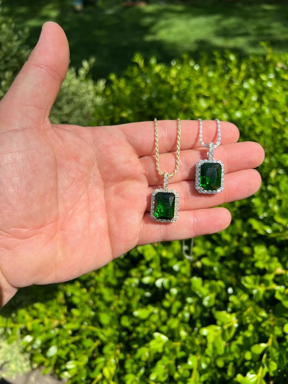 Mens Hip Hop Iced Moissanite & Green Simulated Emerald Pendant Necklace Silver 6 Mens Hip Hop Iced Moissanite & Green Simulated Emerald Pendant Necklace Silver - Image 4