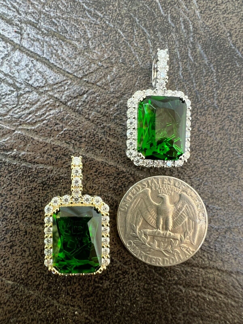 Mens Hip Hop Iced Moissanite & Green Simulated Emerald Pendant Necklace Silver 8 Mens Hip Hop Iced Moissanite & Green Simulated Emerald Pendant Necklace Silver - Image 6