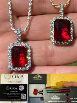 Mens Hip Hop Iced Moissanite & Ruby Pendant Necklace Real 925 Silver / 14k Gold
