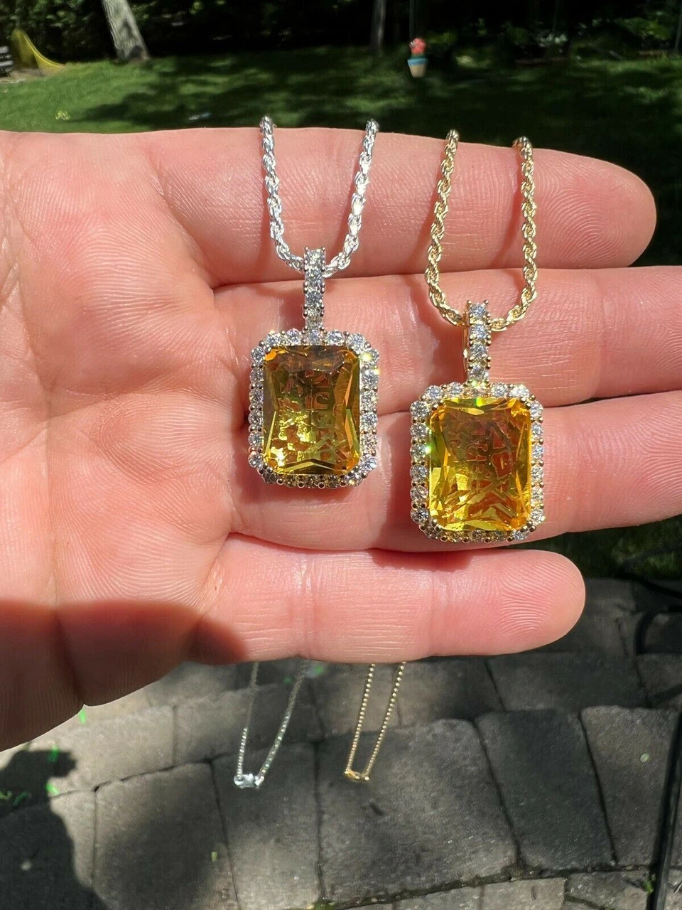 Mens Hip Hop Iced Moissanite & Yellow Simulated Canary Diamond Pendant Necklace 4 Mens Hip Hop Iced Moissanite & Yellow Simulated Canary Diamond Pendant Necklace - Image 2