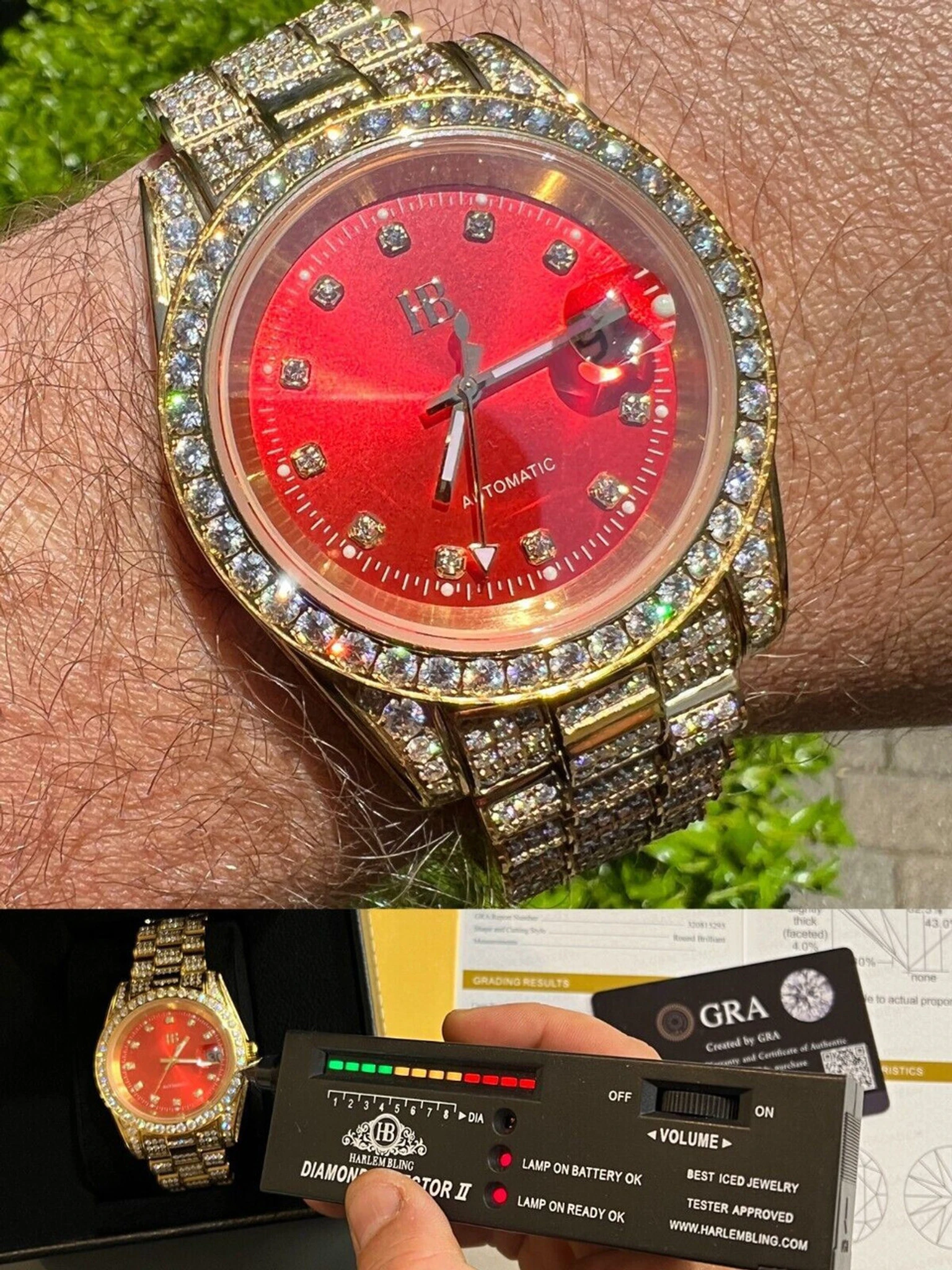 Mens MOISSANITE Red Face Gold Presidential Watch Iced Hip Hop Pass Diamond Test 3 Mens MOISSANITE Red Face Gold Presidential Watch Iced Hip Hop Pass Diamond Test