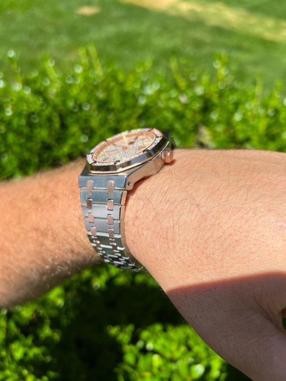 Mens MOISSANITE Watch Iced Automatic Skeleton Back Rose Gold & Stainless Steel 6 Mens MOISSANITE Watch Iced Automatic Skeleton Back Rose Gold & Stainless Steel - Image 4