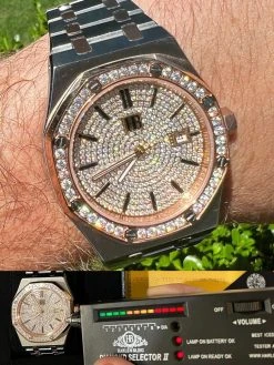 Mens MOISSANITE Watch Iced Automatic Skeleton Back Rose Gold & Stainless Steel