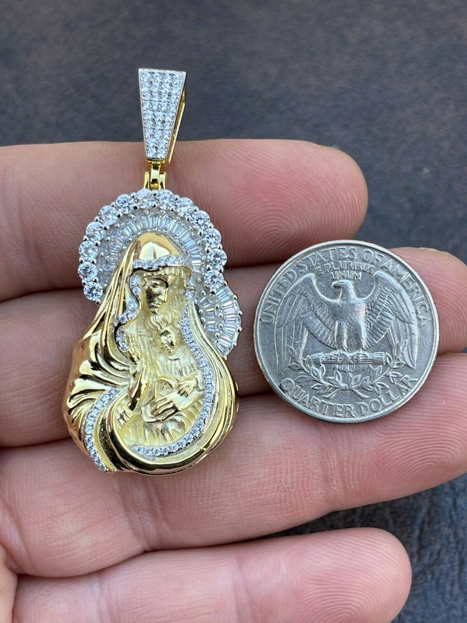 Men's Solid 925 Silver & Gold Baguette Virgin Mary Pendant Ice Diamond Hip Hop 6 Men's Solid 925 Silver & Gold Baguette Virgin Mary Pendant Ice Diamond Hip Hop - Image 4