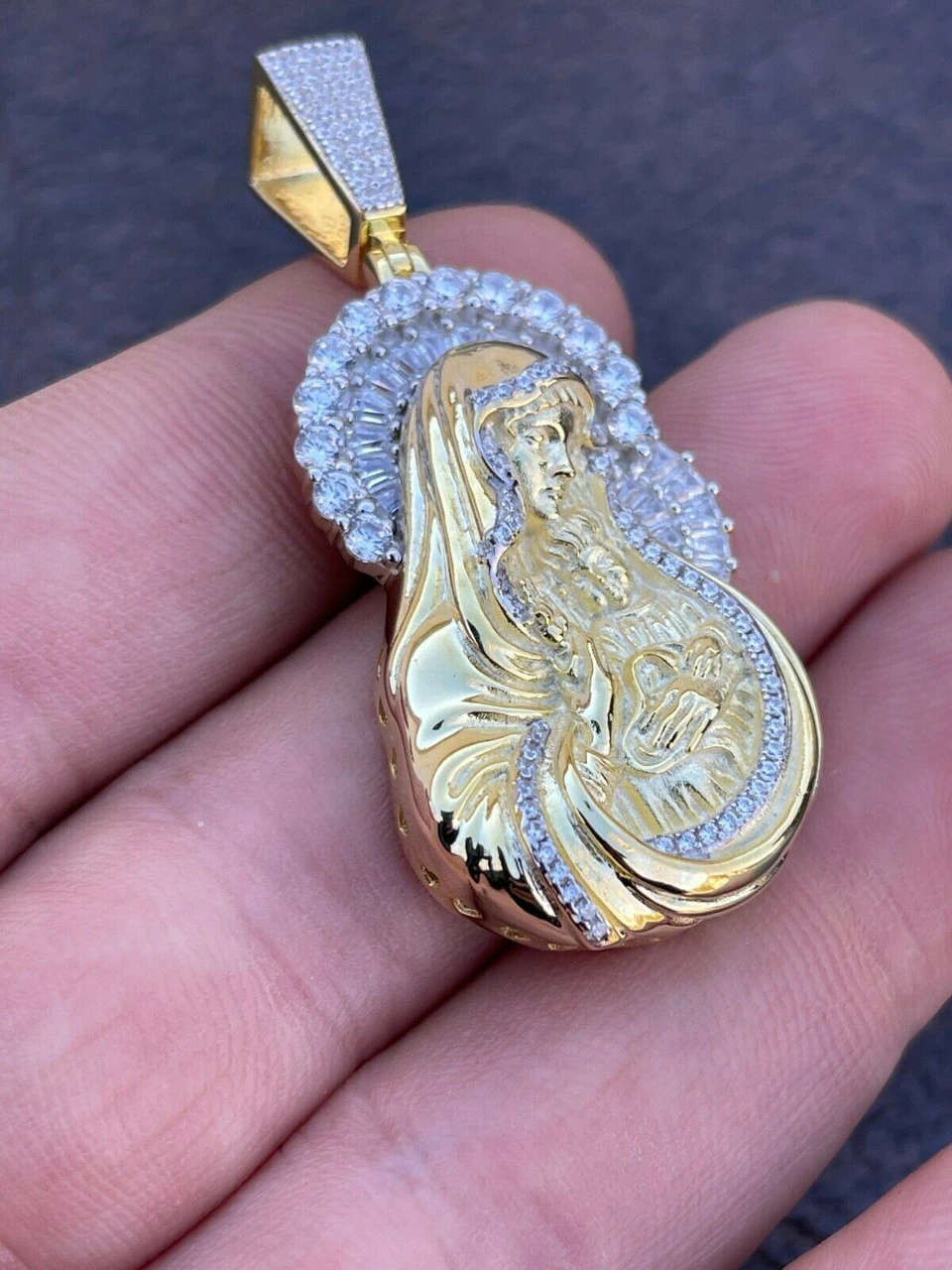 Men's Solid 925 Silver & Gold Baguette Virgin Mary Pendant Ice Diamond Hip Hop 5 Men's Solid 925 Silver & Gold Baguette Virgin Mary Pendant Ice Diamond Hip Hop - Image 3