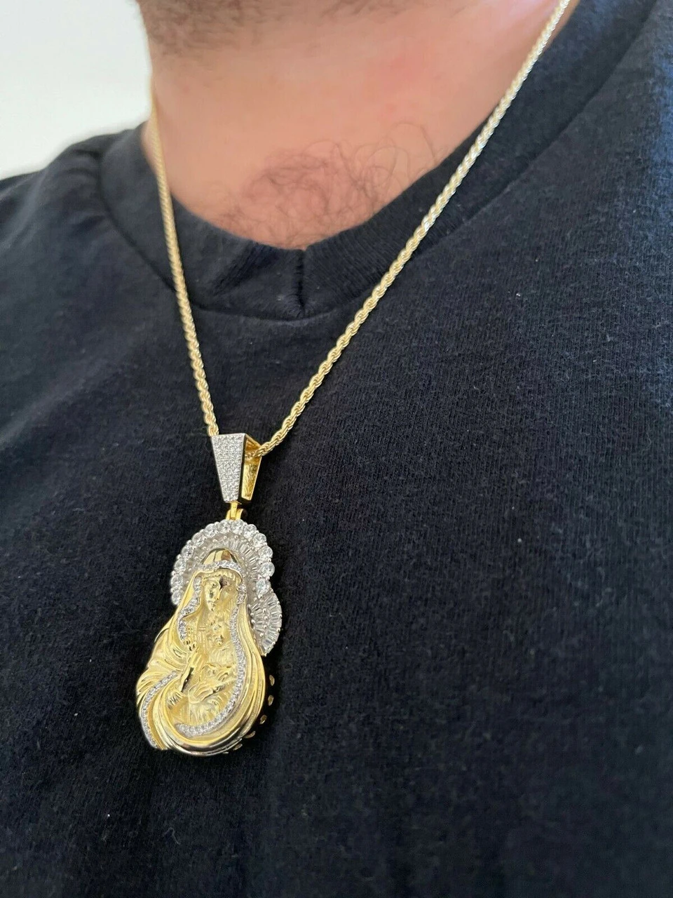 Men's Solid 925 Silver & Gold Baguette Virgin Mary Pendant Ice Diamond Hip Hop 7 Men's Solid 925 Silver & Gold Baguette Virgin Mary Pendant Ice Diamond Hip Hop - Image 5