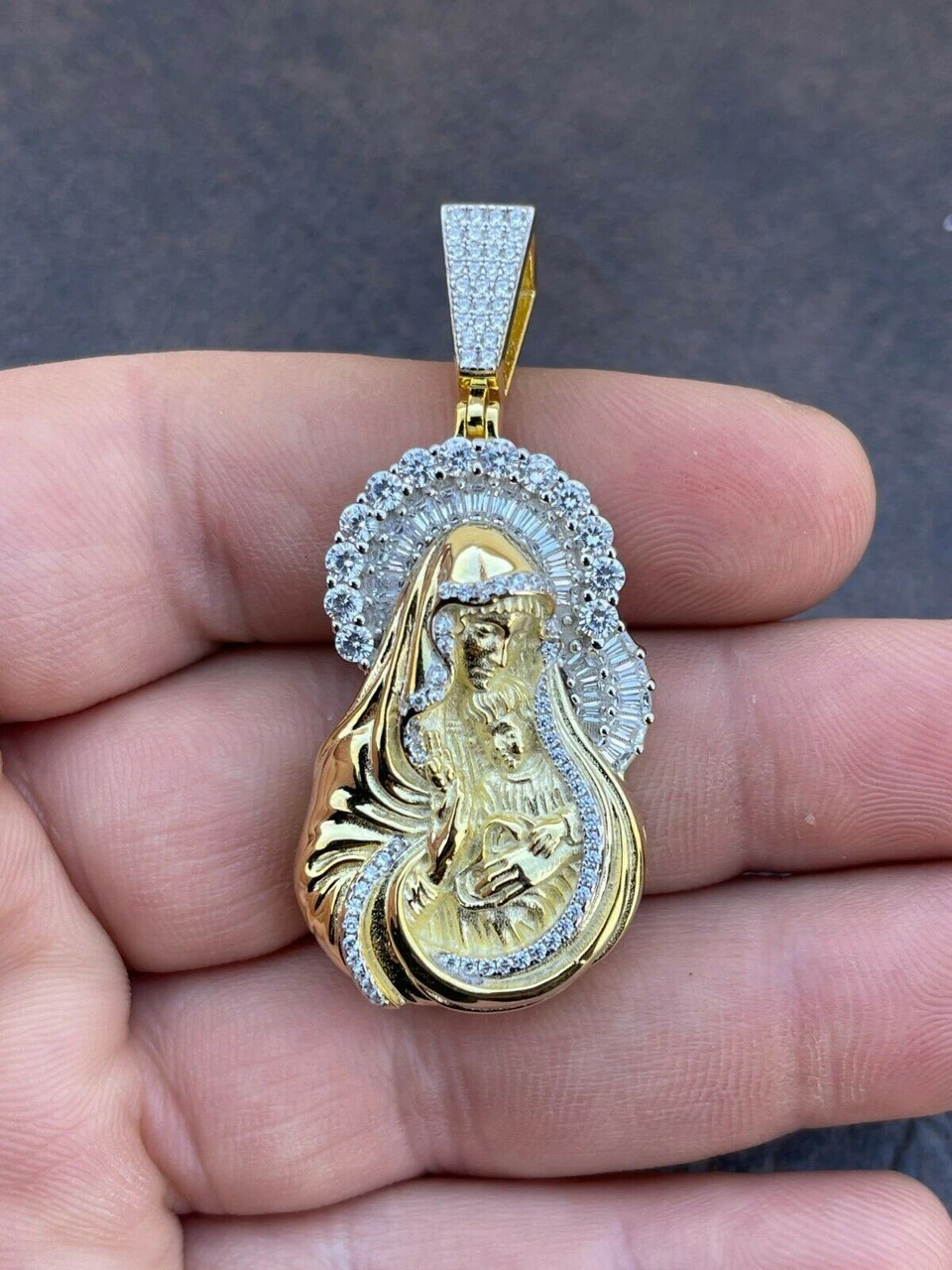 Men's Solid 925 Silver & Gold Baguette Virgin Mary Pendant Ice Diamond Hip Hop 4 Men's Solid 925 Silver & Gold Baguette Virgin Mary Pendant Ice Diamond Hip Hop - Image 2