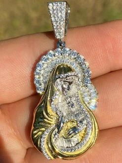 Men's Solid 925 Silver Baguette Virgin Mary Pendant Ice Diamond Hip Hop Necklace
