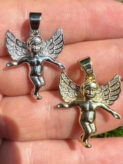 Micro Angel Pendant Iced CZ Solid 925 Silver Gold Plated Necklace Guardian Angel