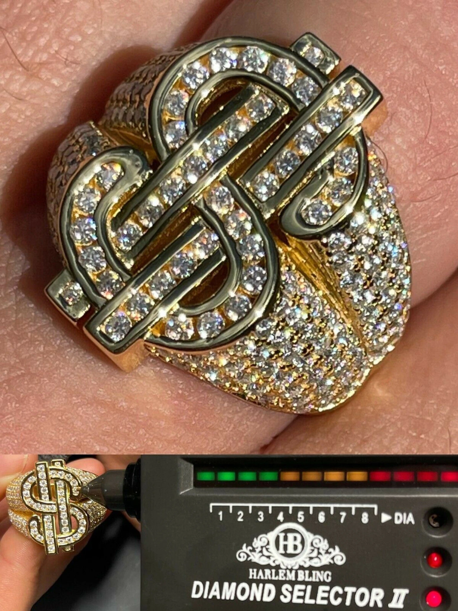 MOISSANITE 14k Gold Vermeil 925 Silver Dollar Sign Money Ring Pass Diamond Test 3 MOISSANITE 14k Gold Vermeil 925 Silver Dollar Sign Money Ring Pass Diamond Test