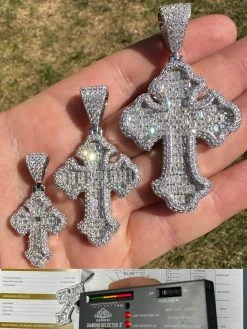 MOISSANITE 2Pac Gothic Cross Pendant Iced Baguette Necklace Real 925 Silver - 3 Sizes