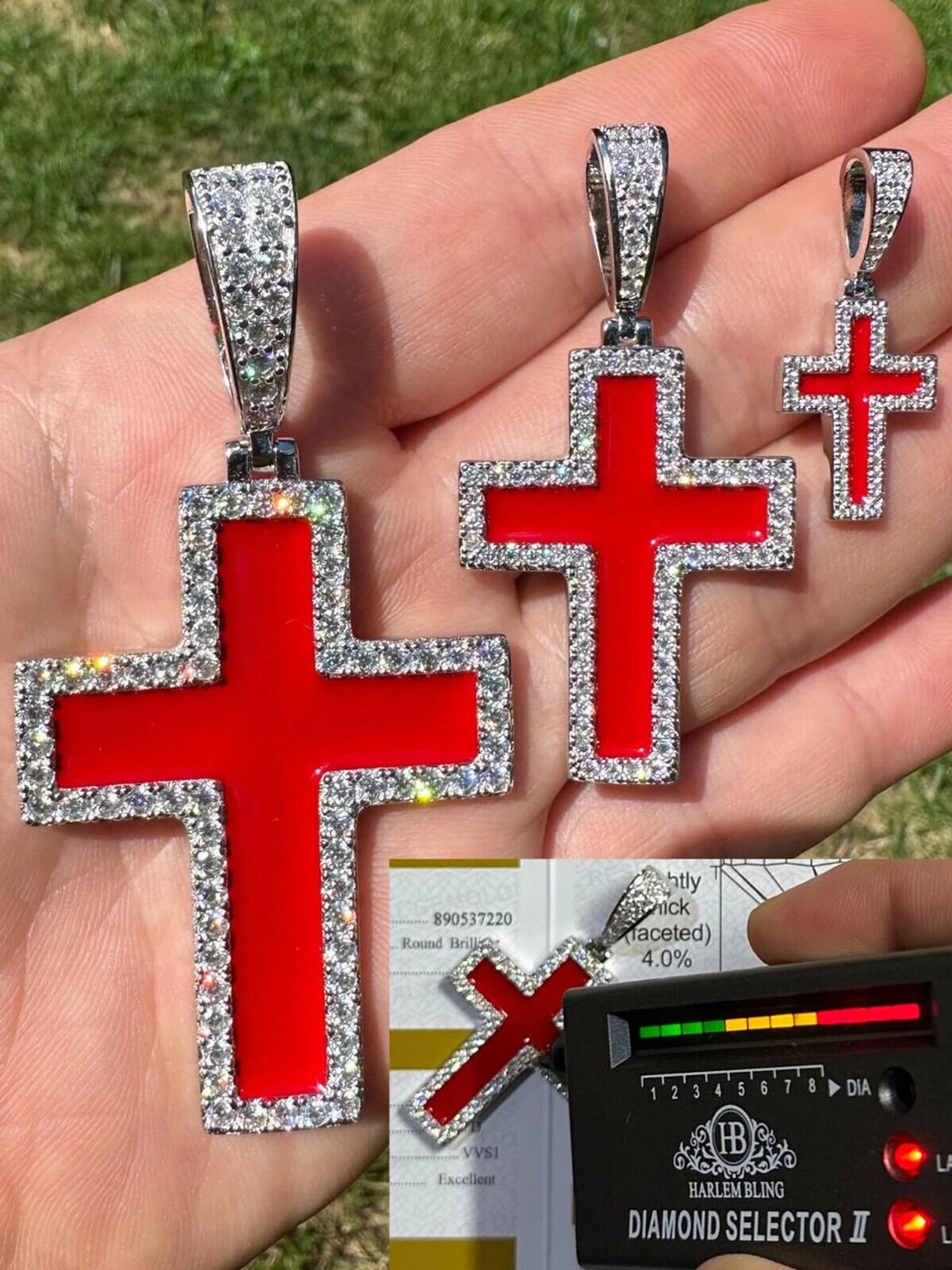 MOISSANITE Cross Pendant Iced Necklace Blood Red Enamel Real 925 Silver 3 Sizes 3 MOISSANITE Cross Pendant Iced Necklace Blood Red Enamel Real 925 Silver 3 Sizes