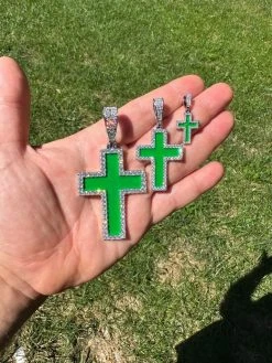 MOISSANITE Cross Pendant Iced Necklace Green Enamel Real 925 Silver - 3 Sizes 32 MOISSANITE Cross Pendant Iced Necklace Green Enamel Real 925 Silver - 3 Sizes -Harlem Bling Shop hip hop moissanite cross pendant iced necklace green enamel real 925 silver 3 sizes 00327.1694654939