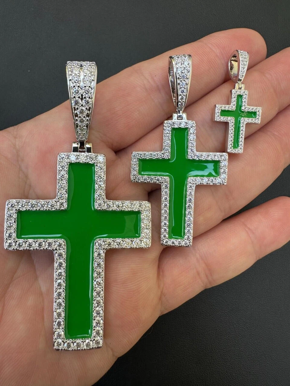 MOISSANITE Cross Pendant Iced Necklace Green Enamel Real 925 Silver - 3 Sizes 4 MOISSANITE Cross Pendant Iced Necklace Green Enamel Real 925 Silver - 3 Sizes - Image 2